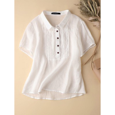 Solid Patchwork Button Lapel Short Sleeve Casual Blouse Solid Patchwork Button Lapel Short Sleeve Casual Blouse