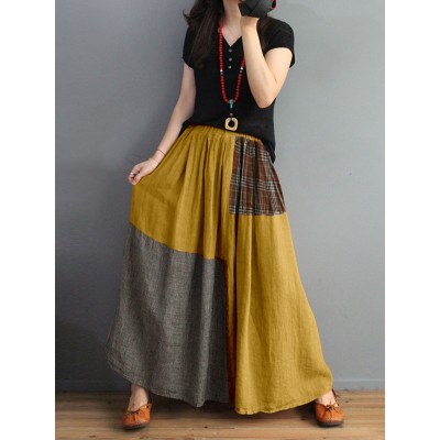 Women Plaid Patchwork Elastic Waist Swing Skirt With Pocket Women Plaid Patchwork Elastic Waist Swing Skirt With Pocket