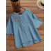 Plants Embroidered Round Neck Half Sleeve Casual Blouse Plants Embroidered Round Neck Half Sleeve Casual Blouse