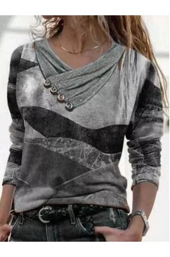 Printed Cross V-Neck Long Sleeve Sweatshirt HF2507-01-01