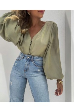 V-neck new casual loose solid color top HF1711-02-01