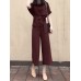 Solid Belt Pocket Rolled Sleeve Wide Leg Two Pieces Suit