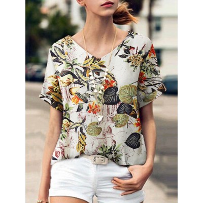 Plant Print V Neck Short Sleeve Casual Blouse Plant Print V Neck Short Sleeve Casual Blouse