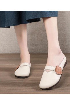 Classy Buckle Strap Beige Genuine Leather Slide Sandals