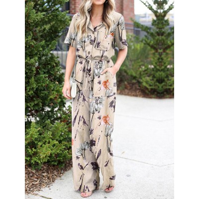Floral Print Button Pocket Short Sleeve Wide Leg Jumpsuit Floral Print Button Pocket Short Sleeve Wide Leg Jumpsuit