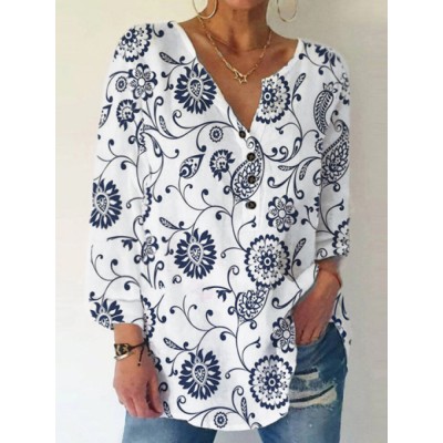 Print Button Long Sleeve Casual Blouse Print Button Long Sleeve Casual Blouse
