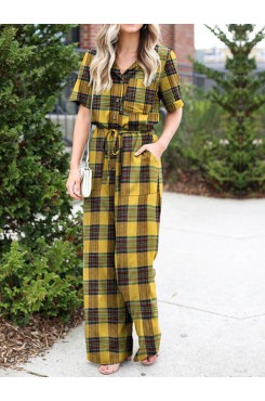 Plaid Print Button Pocket Short Sleeve Wide Leg Jumpsuit