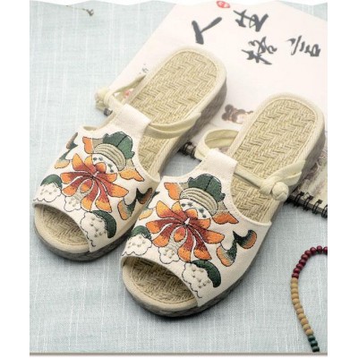 White Embroideried Cotton Flip Flops White Embroideried Cotton Flip Flops