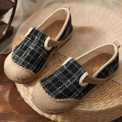 Black Plaid Cotton Linen Patchwork Flat Feet Shoes Black Plaid Cotton Linen Patchwork Flat Feet Shoes