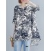 Plant Print Split V Neck High Low Hem Cotton Casual Blouse Plant Print Split V Neck High Low Hem Cotton Casual Blouse