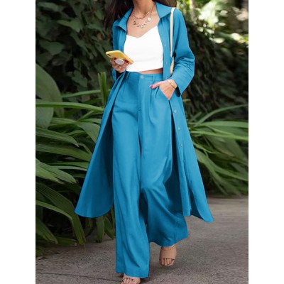 Solid Pocket Button Lapel Long Sleeve Two Pieces Set Women Solid Pocket Button Lapel Long Sleeve Two Pieces Set Women