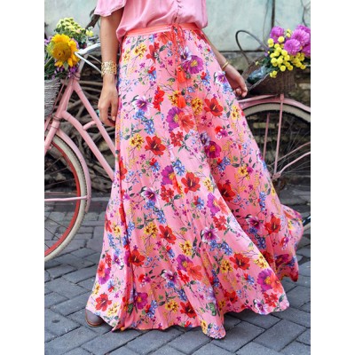 Colorful Floral Print Big Swing Elastic Waist Holiday Casual Long Skirt For Women Colorful Floral Print Big Swing Elastic Waist Holiday Casual Long Skirt For Women