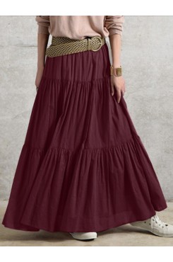 Solid Color Big Swing Elastic Waist Pleated Casual Long Skirt For Women