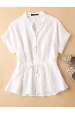 Solid Button Drawstring V Neck Roll Sleeve Casual Cotton Blouse
